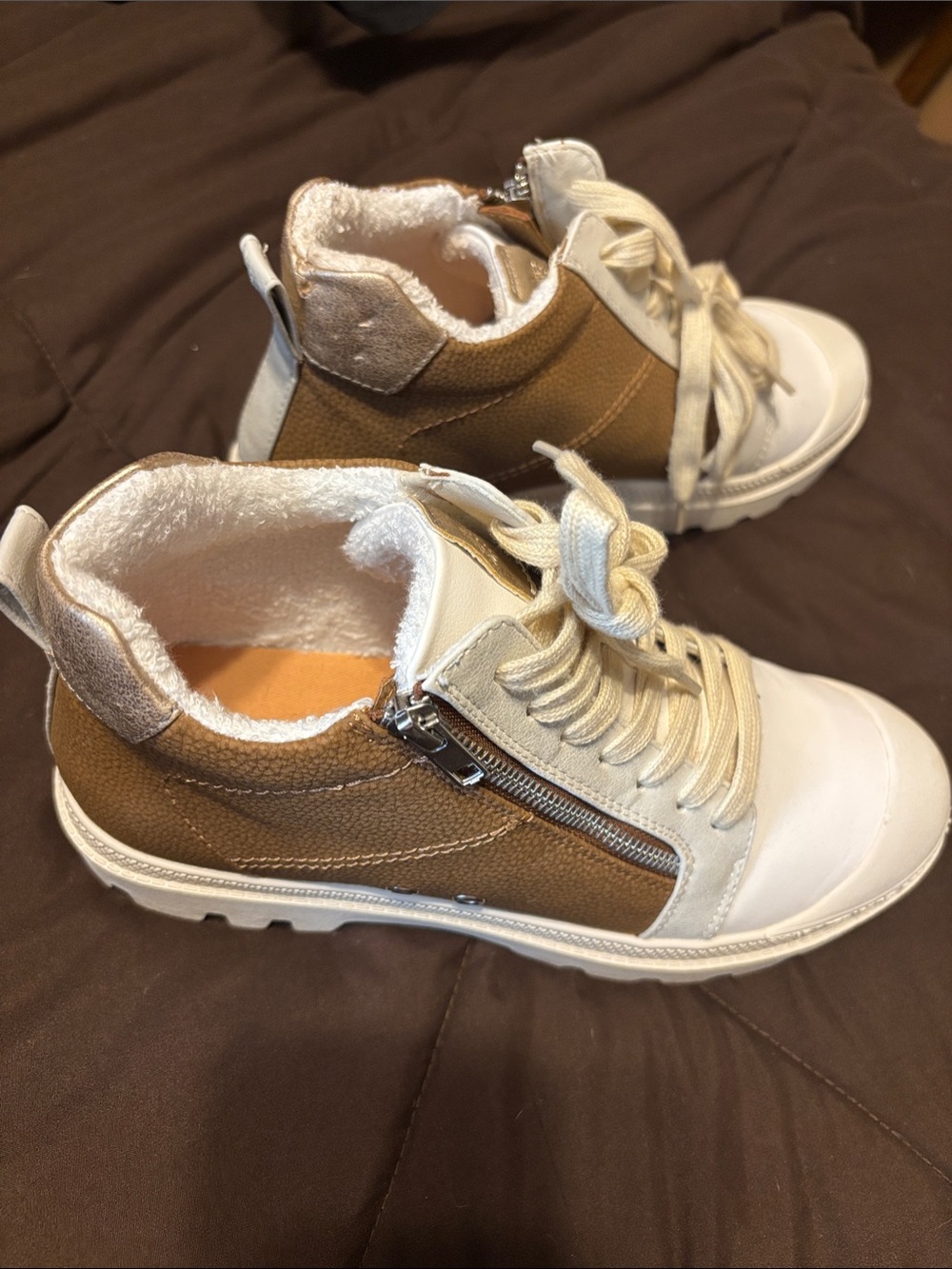 Women's Tan and White Lace-Up Ankle Booties with Side Zipper